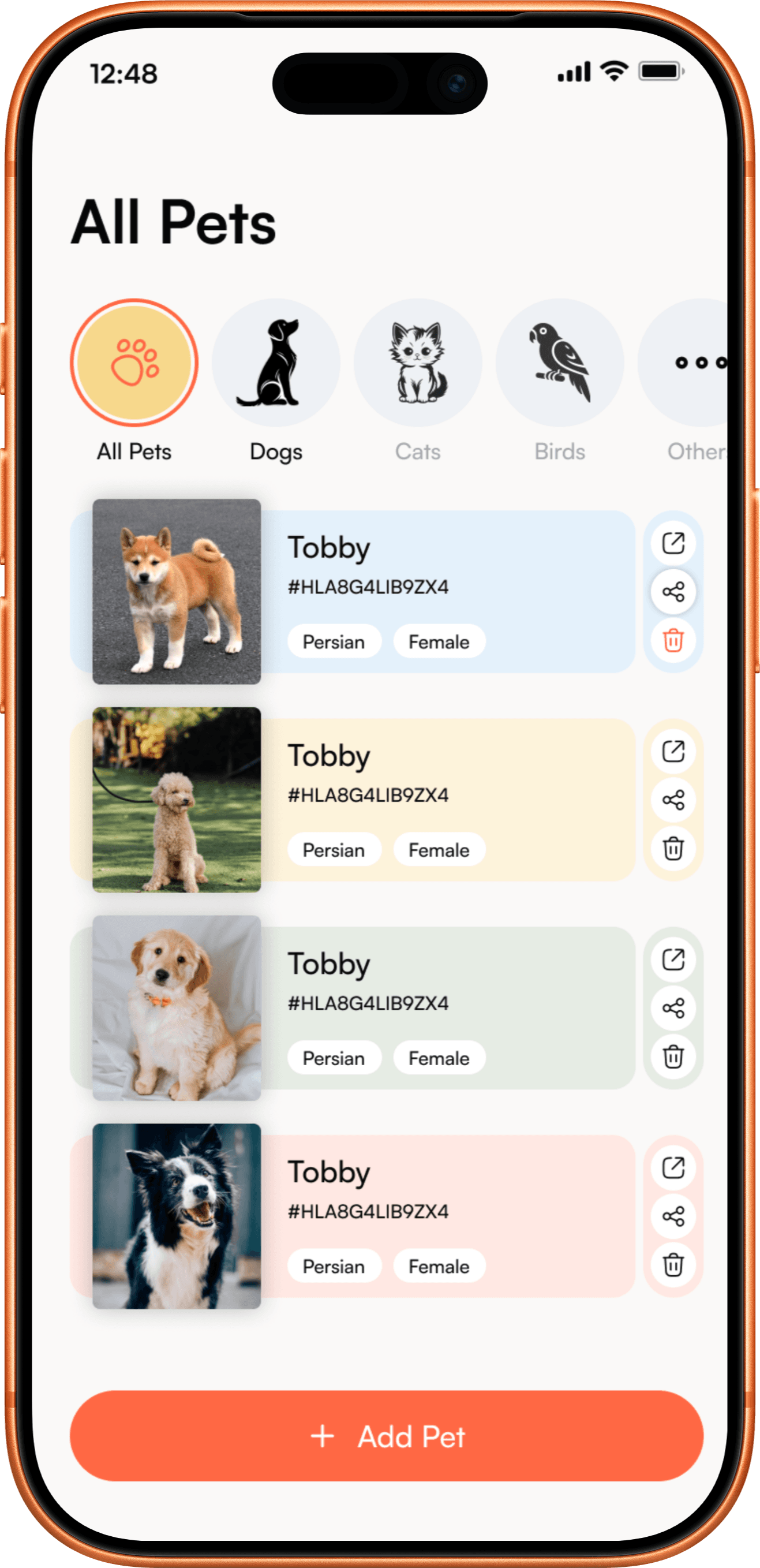 PetLays app on a phone showing the All Pets screen